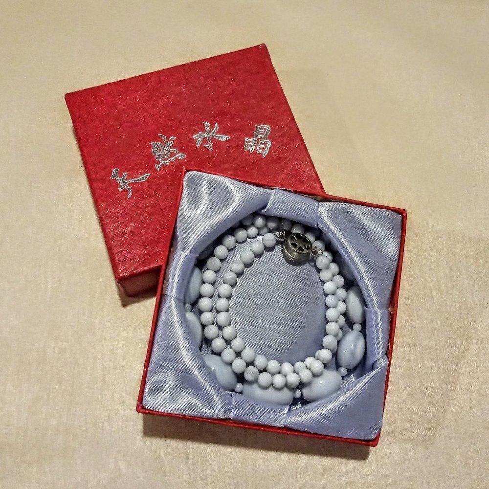 Vintage Gift Boxed Chinese Blue Grey Beaded Necklace